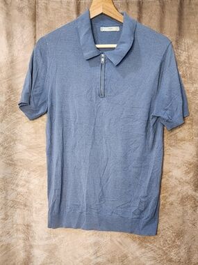 Mango (MNG) Men’s Knit Polo Shirt – Blue Zip Neck Short Sleeve – Size S